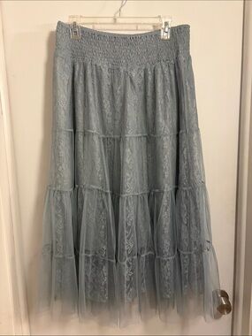 easel Dusty Blue Lace Tiered Maxi Skirt LARGE NWOT